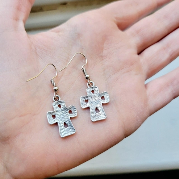 Pair of Silver Tic Tac Toe Cross Drop Hook Earrings - Picture 8 of 8